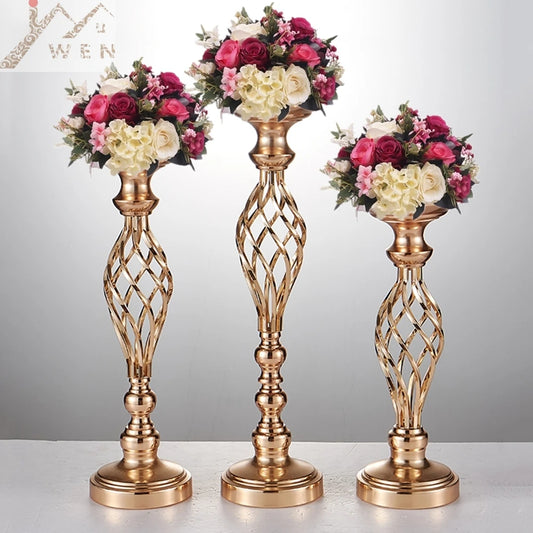 IMUWEN Creative Hollow Gold/ Silver Metal Candle Holder Wedding Table Centerpiece Flower Vase Rack Home Hotel Road Lead Decor
