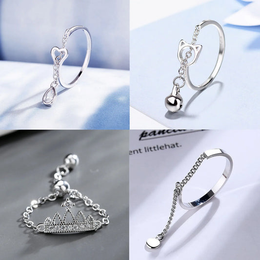 New Fashion Silver Color Open Finger Ring Tassel Chain Tiara Star Moon Cat Heart Circle For Women Girl Jewelry Gift Dropship
