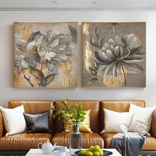 100% Handmade Gold Foil Flower Gentle Abstract Painting  Modern Art Picture For Living Room Modern Canvas Art High Quality