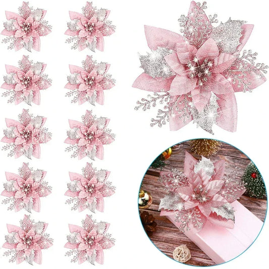 12pcs 14.5cm Artifical Flowers Weddding Decoration DIY Hanging Home Ornaments Glitter Flower for Party Christmas Tree Decoration
