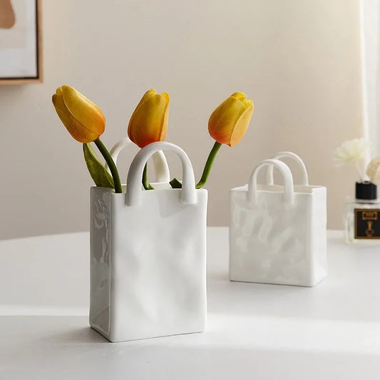 Nordic Handbag Shaped Ceramic Vase for Flowers Modern Decorative White Vase Home Decoration Dried Flower Arrangement Table Decor
